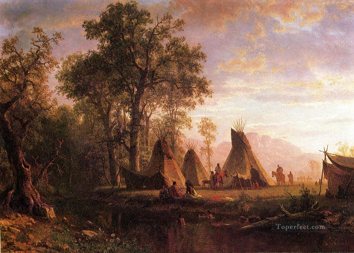 Campamento indio por la tarde Indios americanos Albert Bierstadt Pintura al óleo